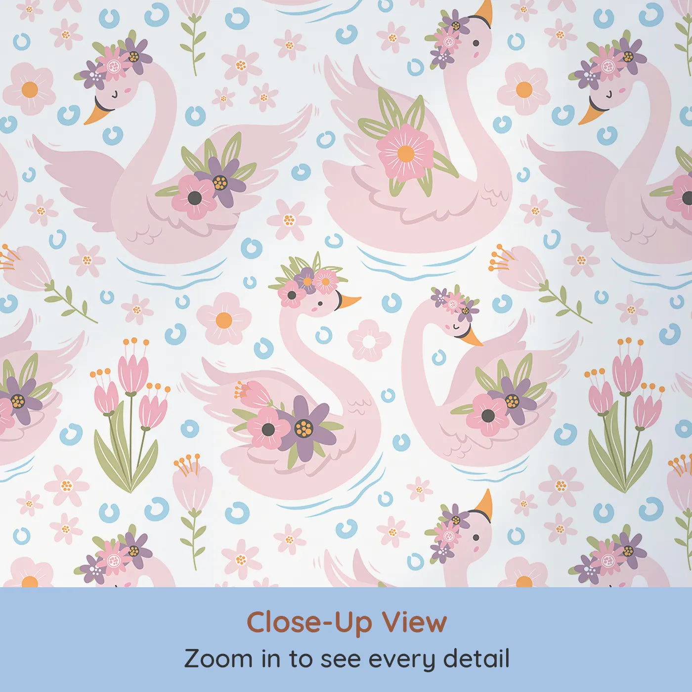 Close-up view of Whimsy Tots' Blooming Swan Garden Wallpaper in White (W3086A).Floral-crowned pink swans drift among soft blooms on a white pond.