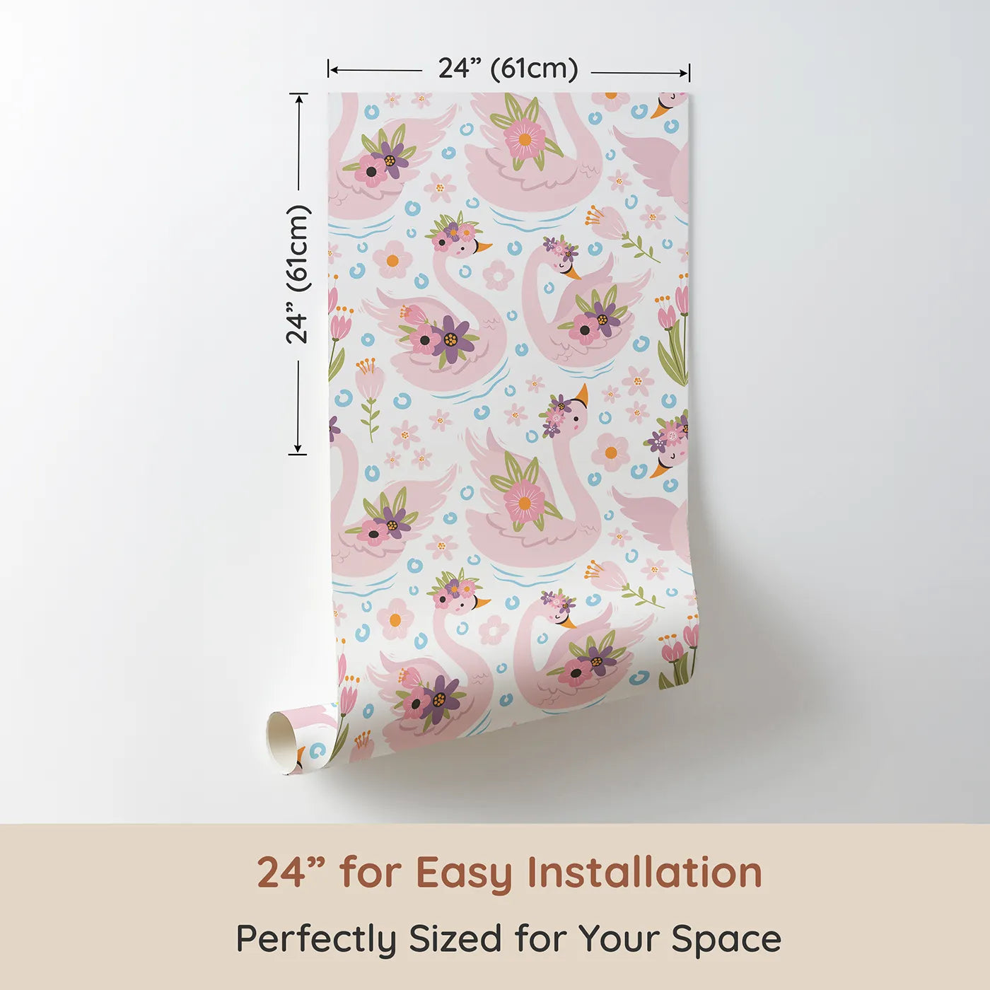 Dimension view of Whimsy Tots Blooming Swan Garden Wallpaper in White (W3086A). Printed in 24-inch-wide panel for easy installation. Floral-crowned pink swans drift among soft blooms on a white pond.