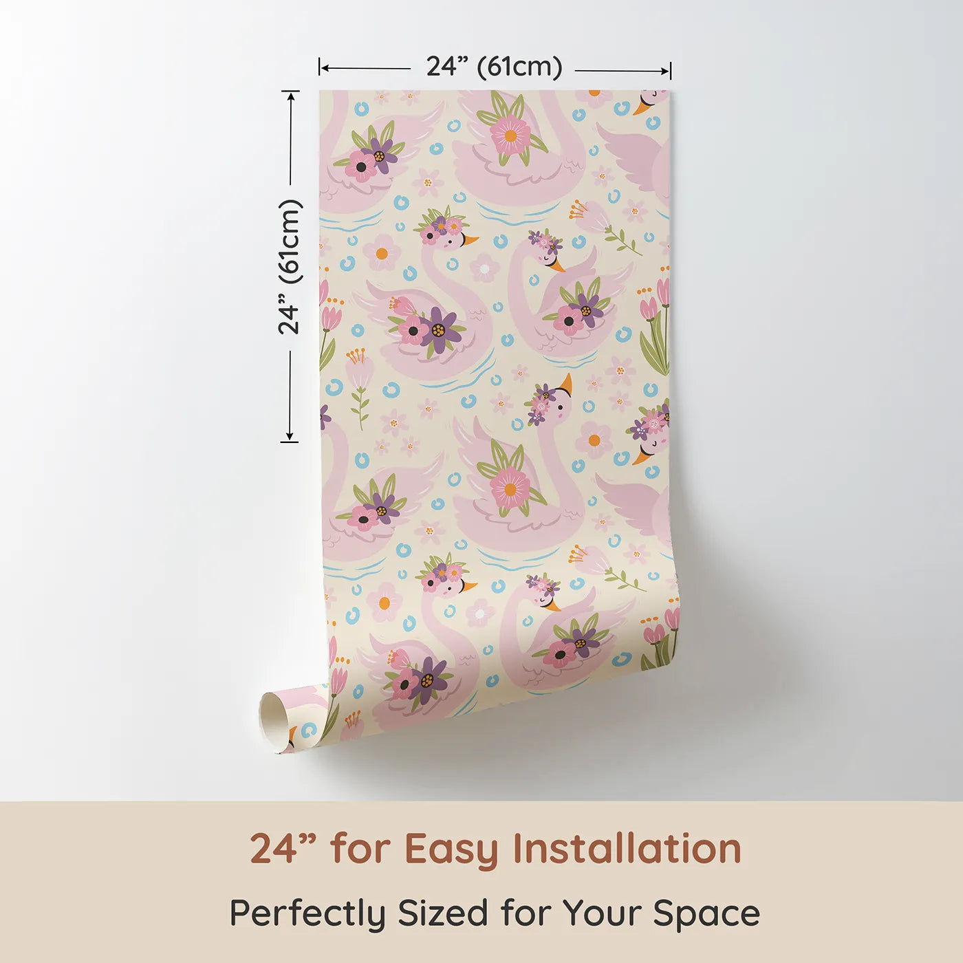 Dimension view of Whimsy Tots Blooming Swan Garden Wallpaper in Cream (W3086B). Printed in 24-inch-wide panel for easy installation. Flower-crowned pink swans float gently among blooms on a soft cream pond.