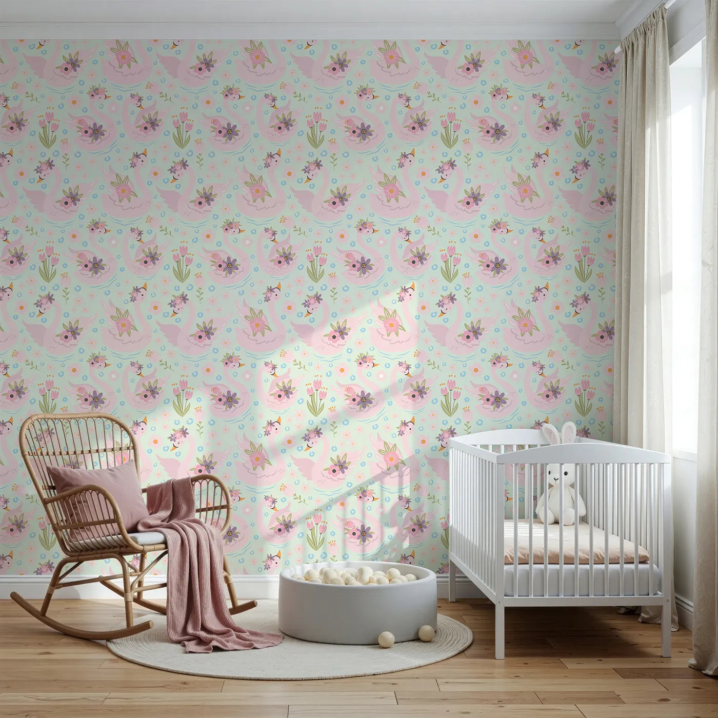Front view of Whimsy Tots' Blooming Swan Garden Wallpaper in Mint Green
