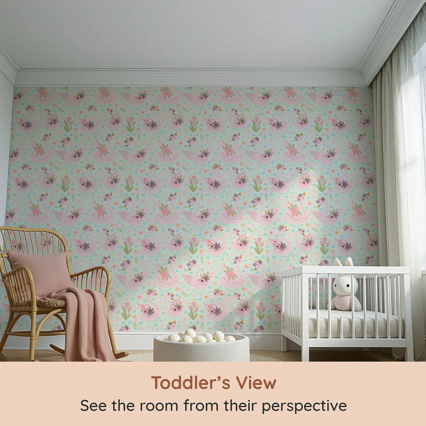 Whimsy Tots Blooming Swan Garden Wallpaper in Mint Green (W3086C) from your child's view.Petal-topped pink swans glide on minty waters with spring blooms all around.