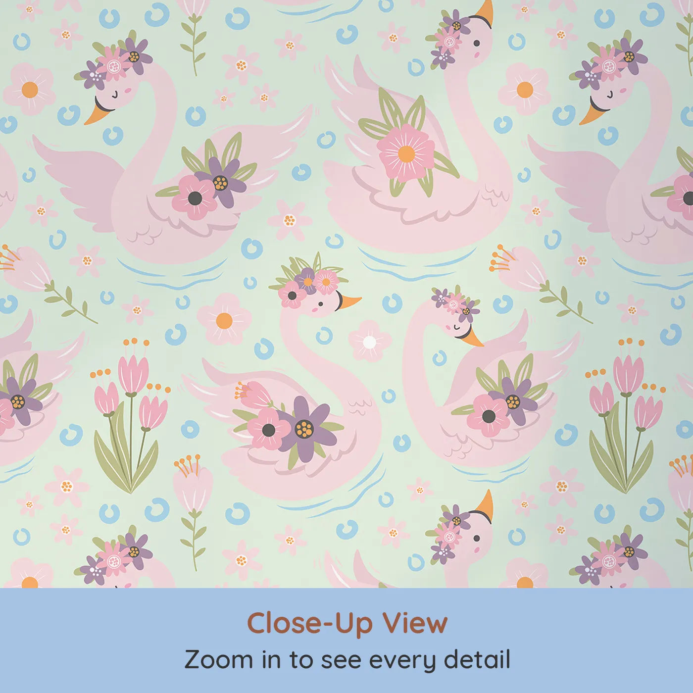 Close-up view of Whimsy Tots' Blooming Swan Garden Wallpaper in Mint Green (W3086C).Petal-topped pink swans glide on minty waters with spring blooms all around.