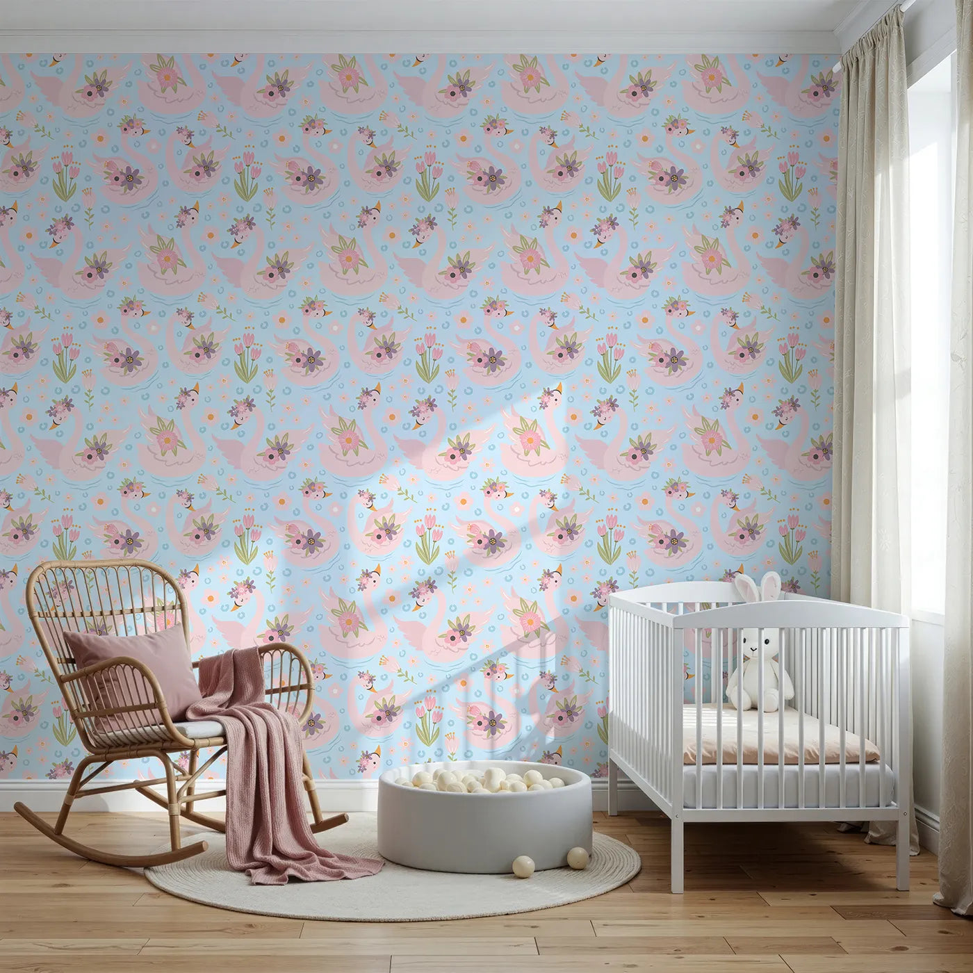 Front view of Whimsy Tots' Blooming Swan Garden Wallpaper in Sky Blue