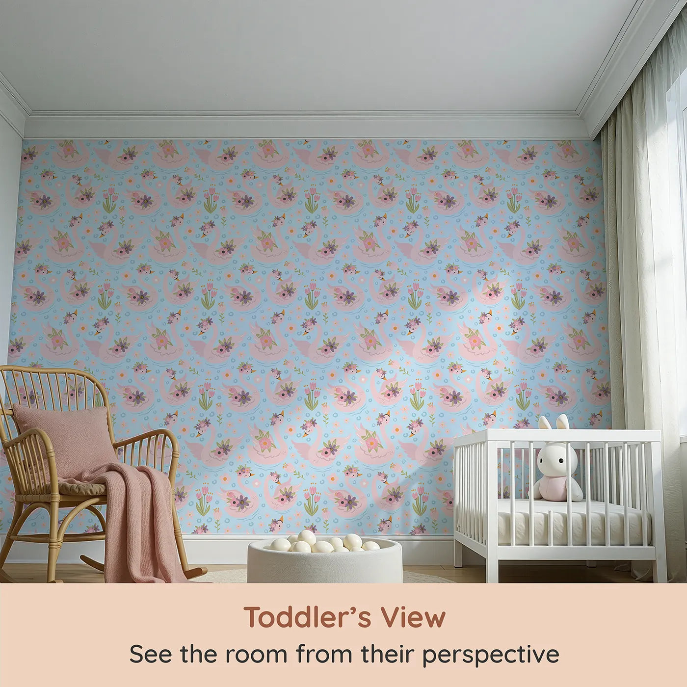 Whimsy Tots Blooming Swan Garden Wallpaper in Sky Blue (W3086D) from your child's view.Blush swans with petal crowns drift through flowers on a blue pond.