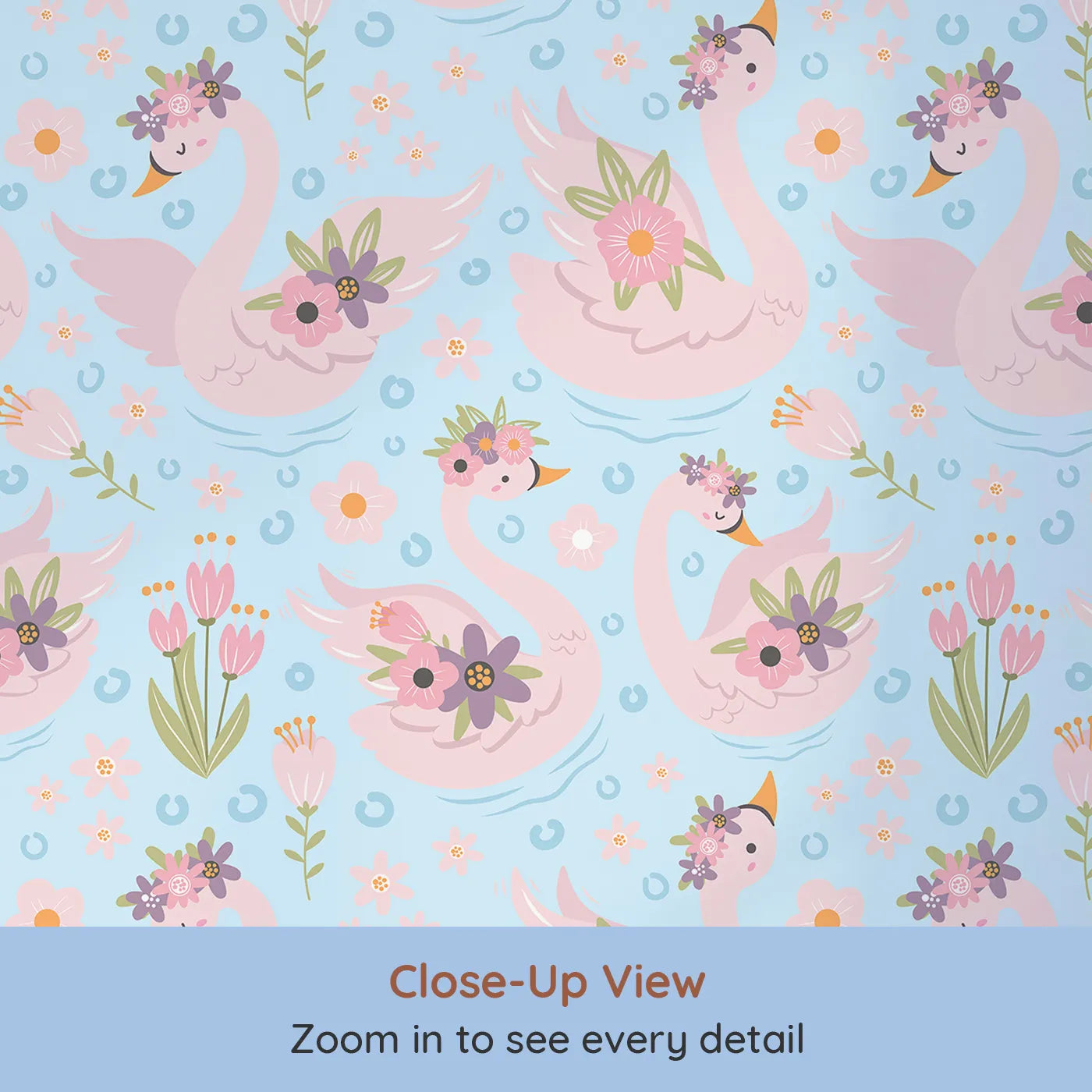 Close-up view of Whimsy Tots' Blooming Swan Garden Wallpaper in Sky Blue (W3086D).Blush swans with petal crowns drift through flowers on a blue pond.