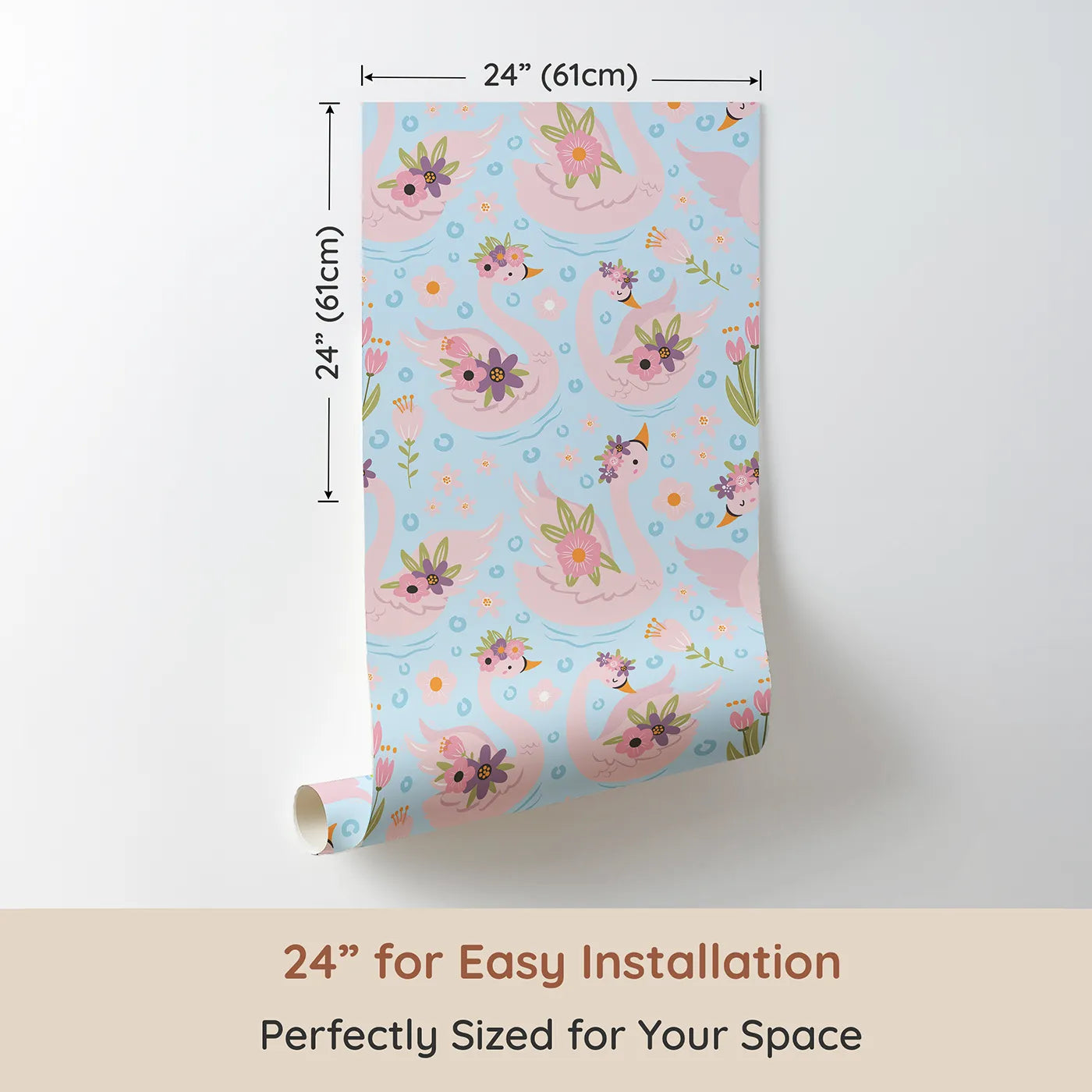 Dimension view of Whimsy Tots Blooming Swan Garden Wallpaper in Sky Blue (W3086D). Printed in 24-inch-wide panel for easy installation. Blush swans with petal crowns drift through flowers on a blue pond.
