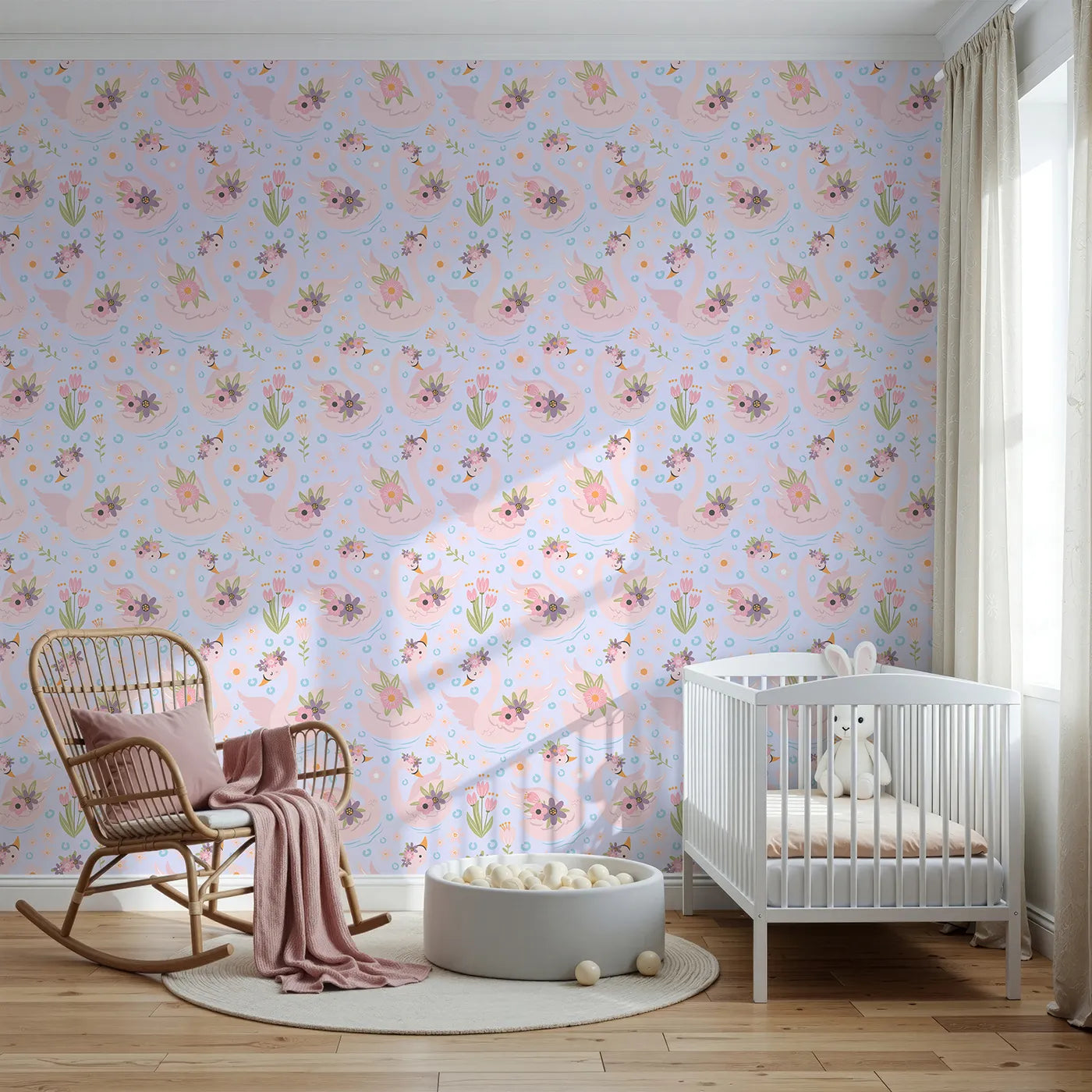Front view of Whimsy Tots' Blooming Swan Garden Wallpaper in Lavender