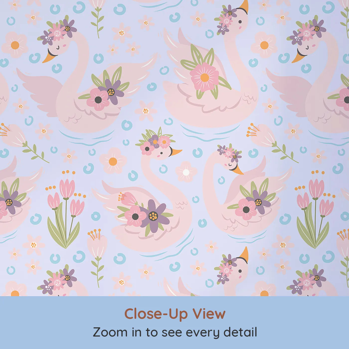 Close-up view of Whimsy Tots' Blooming Swan Garden Wallpaper in Lavender (W3086E).Pink swans with flower crowns float peacefully on a violet spring breeze.