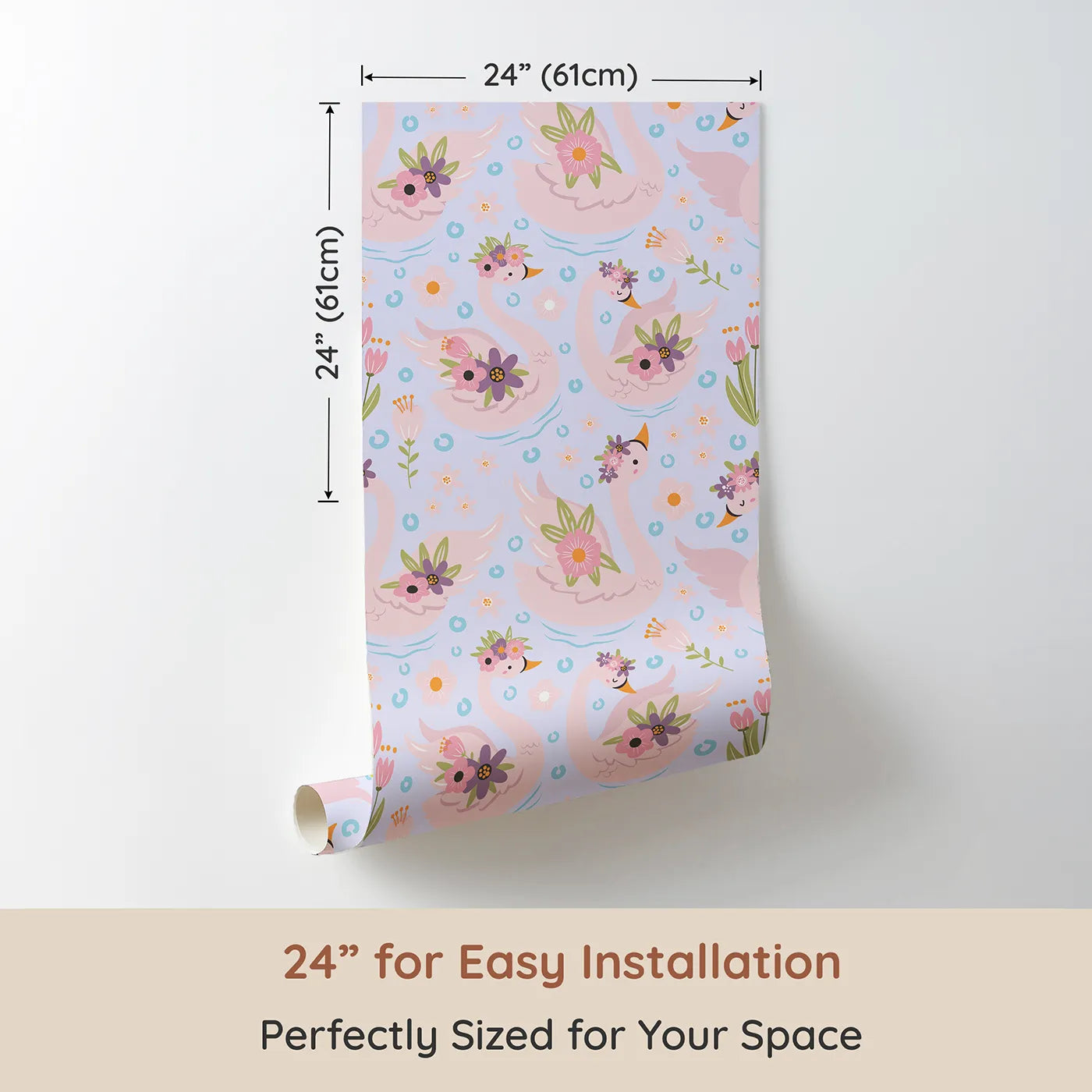 Dimension view of Whimsy Tots Blooming Swan Garden Wallpaper in Lavender (W3086E). Printed in 24-inch-wide panel for easy installation. Pink swans with flower crowns float peacefully on a violet spring breeze.