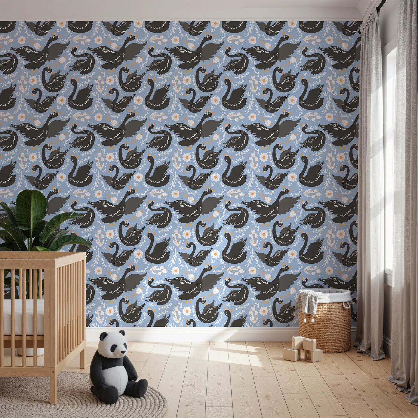Front view of Whimsy Tots' Regal Swan Parade Wallpaper in Sky Blue