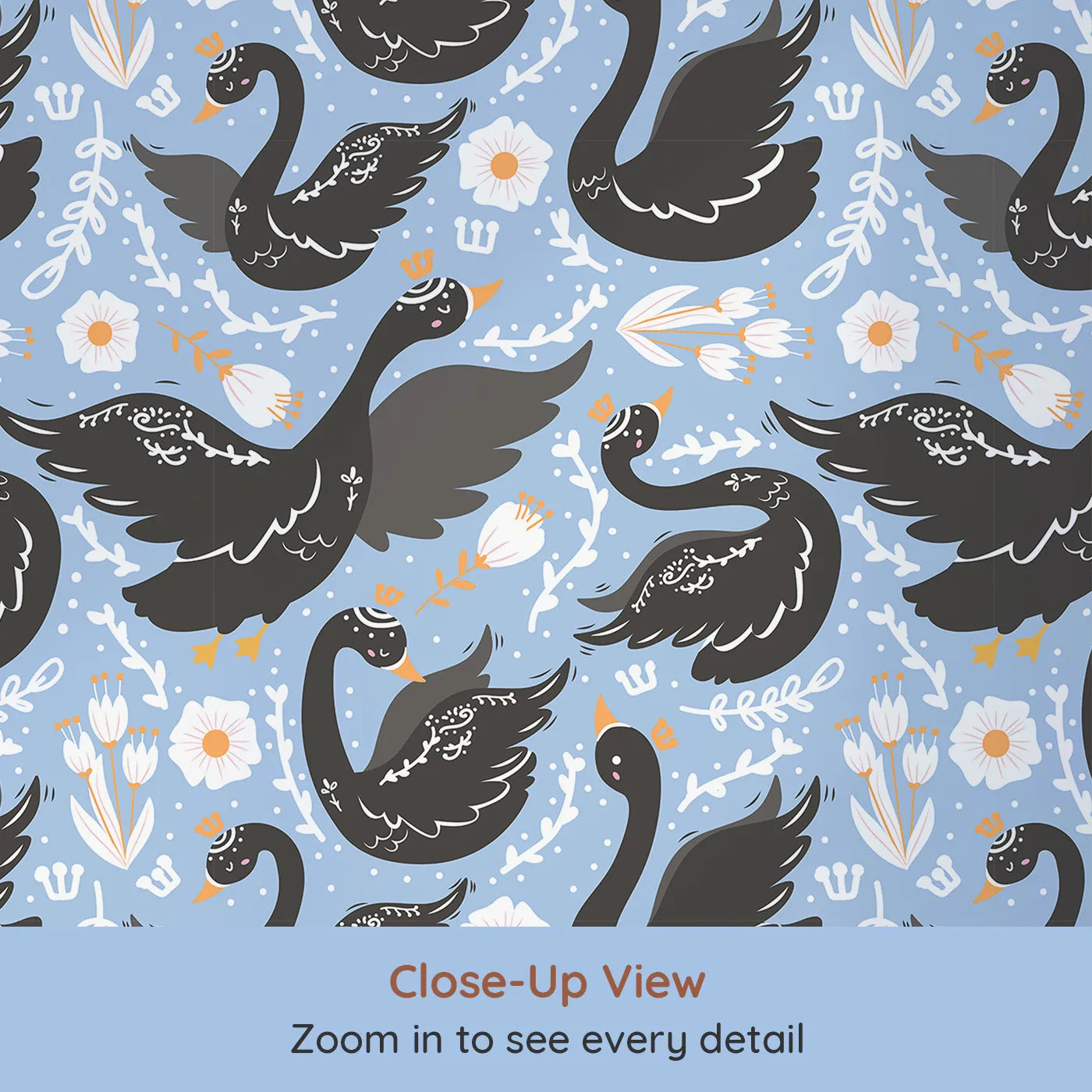 Close-up view of Whimsy Tots' Regal Swan Parade Wallpaper in Sky Blue (W3087B).Crowned black swans flutter among blooms on a cheerful sky-blue canvas.