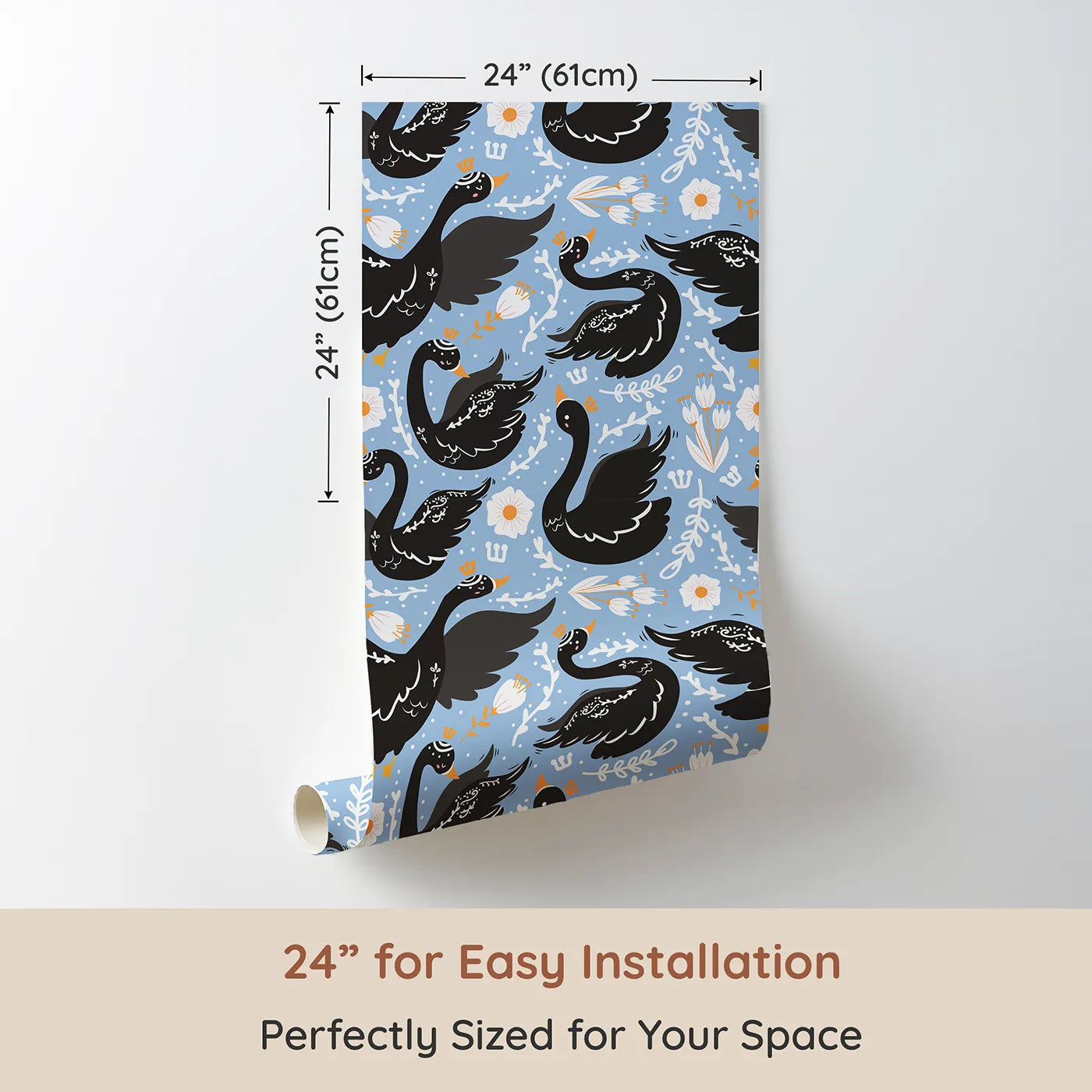 Dimension view of Whimsy Tots Regal Swan Parade Wallpaper in Sky Blue (W3087B). Printed in 24-inch-wide panel for easy installation. Crowned black swans flutter among blooms on a cheerful sky-blue canvas.