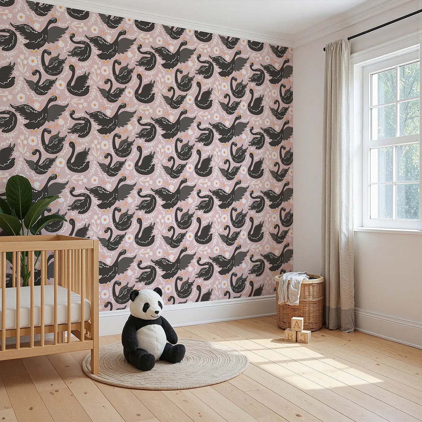Angled view of Whimsy Tots' Regal Swan Parade Wallpaper in Blush Pink (W3087C).Crowned black swans glide through florals on a dreamy blush pink pond.