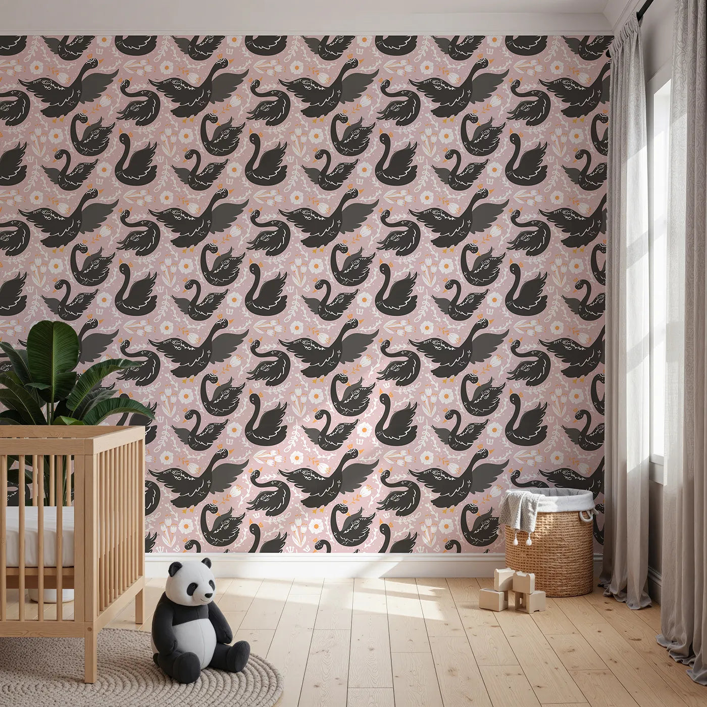 Front view of Whimsy Tots' Regal Swan Parade Wallpaper in Blush Pink