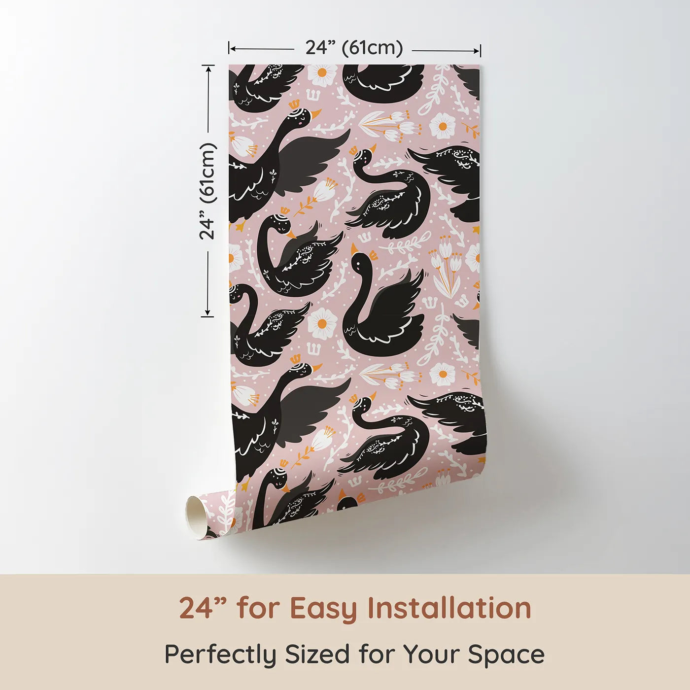 Dimension view of Whimsy Tots Regal Swan Parade Wallpaper in Blush Pink (W3087C). Printed in 24-inch-wide panel for easy installation. Crowned black swans glide through florals on a dreamy blush pink pond.