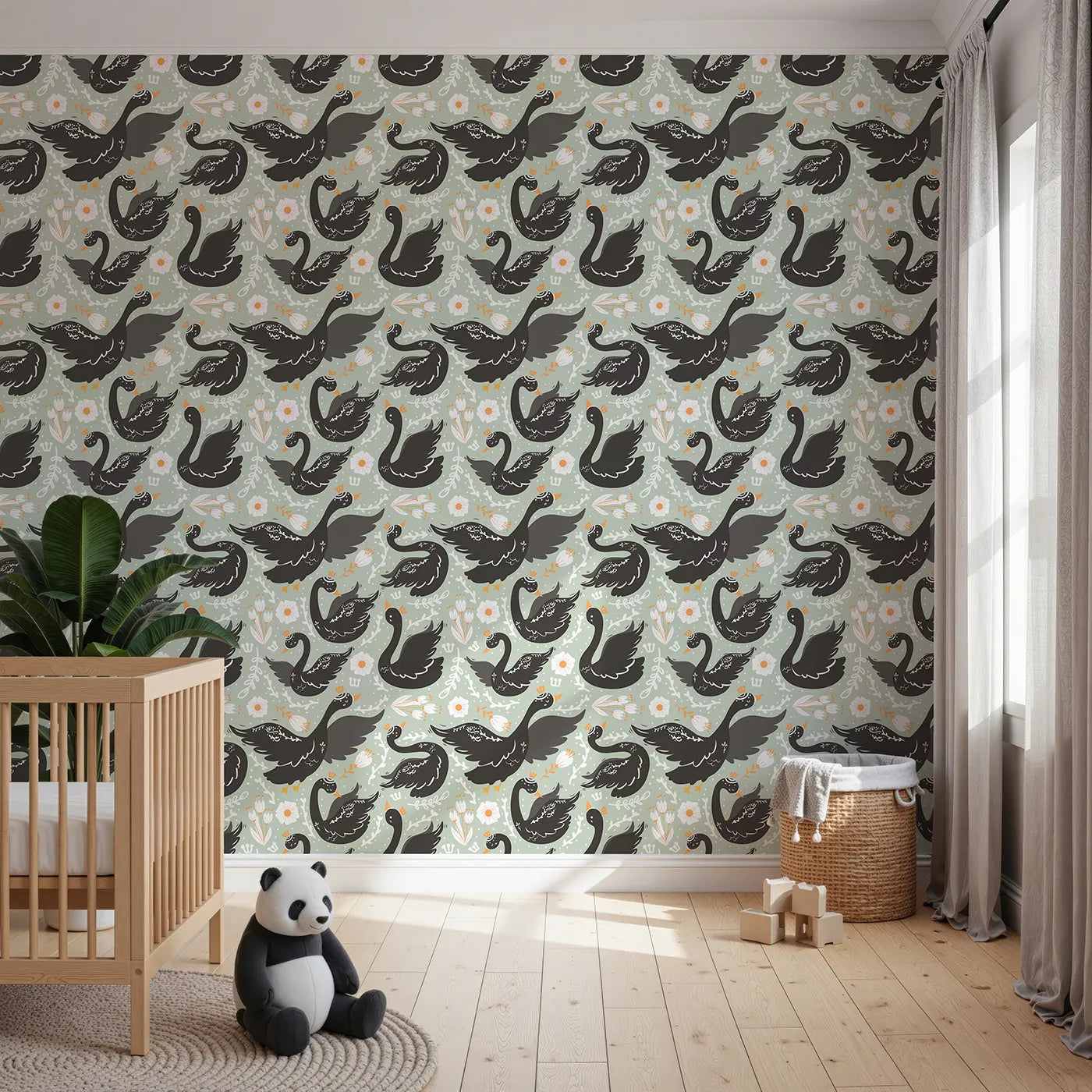 Front view of Whimsy Tots' Regal Swan Parade Wallpaper in Sage Green