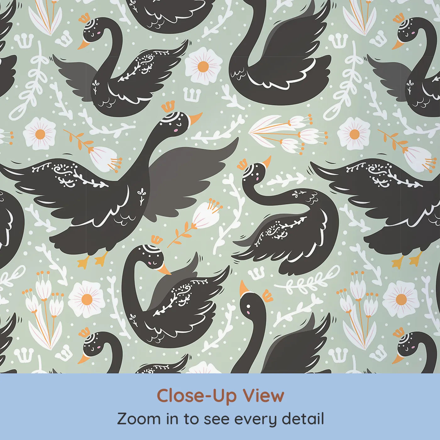 Close-up view of Whimsy Tots' Regal Swan Parade Wallpaper in Sage Green (W3087D).Black swans with tiny crowns drift among flowers on a soft green breeze.