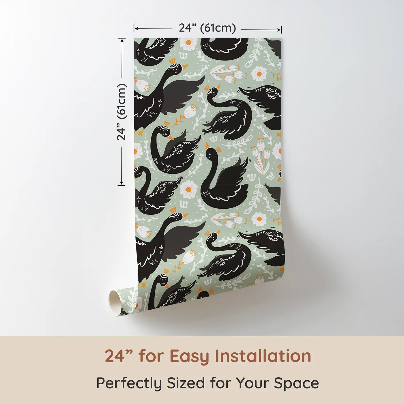 Dimension view of Whimsy Tots Regal Swan Parade Wallpaper in Sage Green (W3087D). Printed in 24-inch-wide panel for easy installation. Black swans with tiny crowns drift among flowers on a soft green breeze.