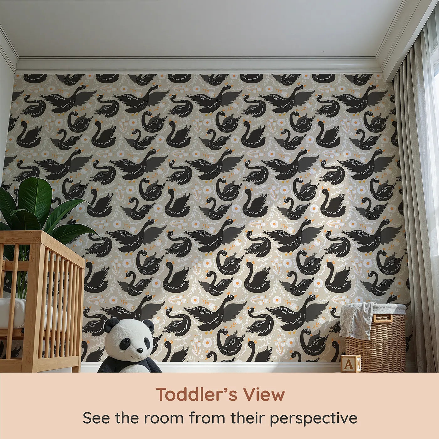 Whimsy Tots Regal Swan Parade Wallpaper in Beige (W3087E) from your child's view.Crowned black swans drift through florals on a soft beige breeze.