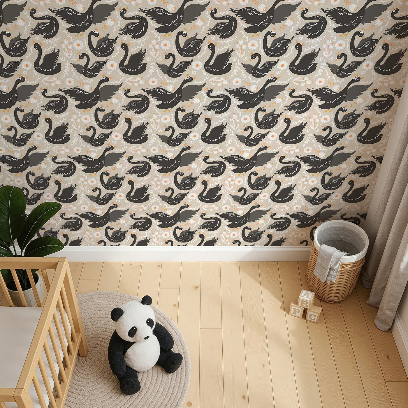 Top-Down view of Whimsy Tots' Regal Swan Parade Wallpaper in Beige (W3087E).Crowned black swans drift through florals on a soft beige breeze.