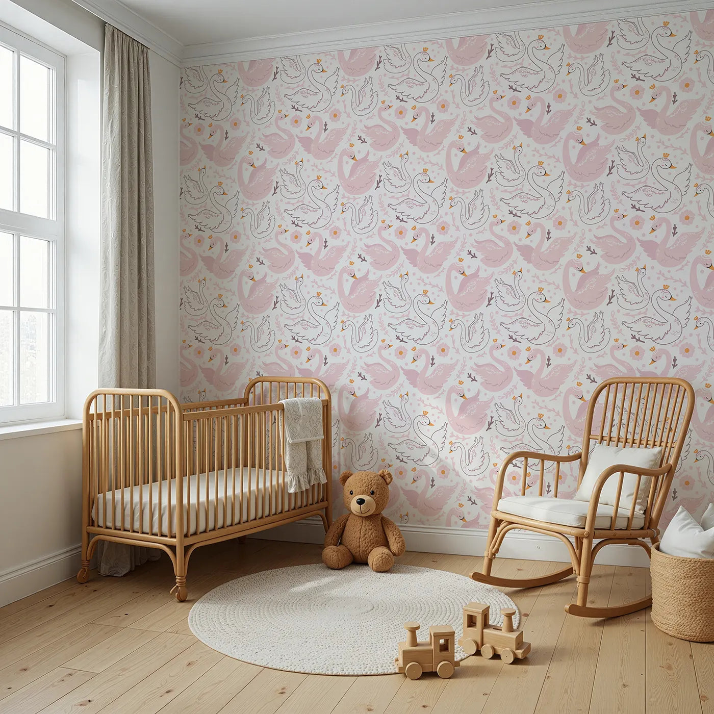 Angled view of Whimsy Tots' Crowning Swan Ballet Wallpaper in Blush (W3088).Crowned swans and floating hearts dance across a rosy pink sky.