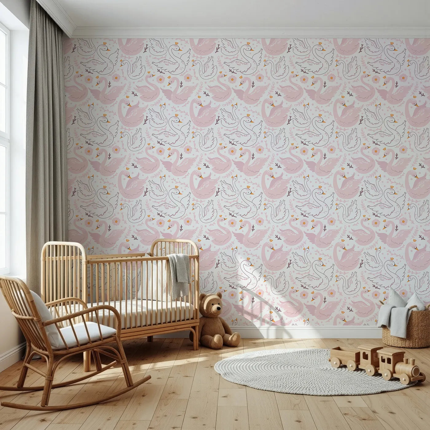 Front view of Whimsy Tots' Crowning Swan Ballet Wallpaper in Blush