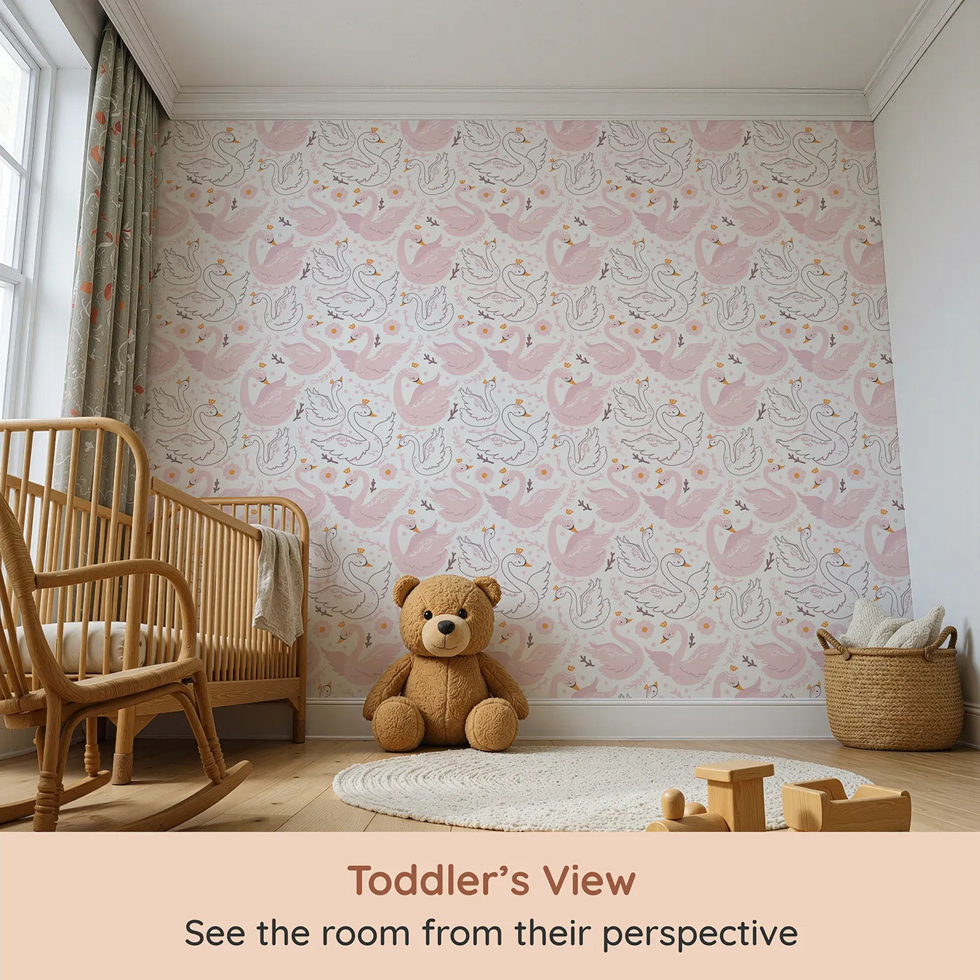 Whimsy Tots Crowning Swan Ballet Wallpaper in Blush (W3088) from your child's view.Crowned swans and floating hearts dance across a rosy pink sky.