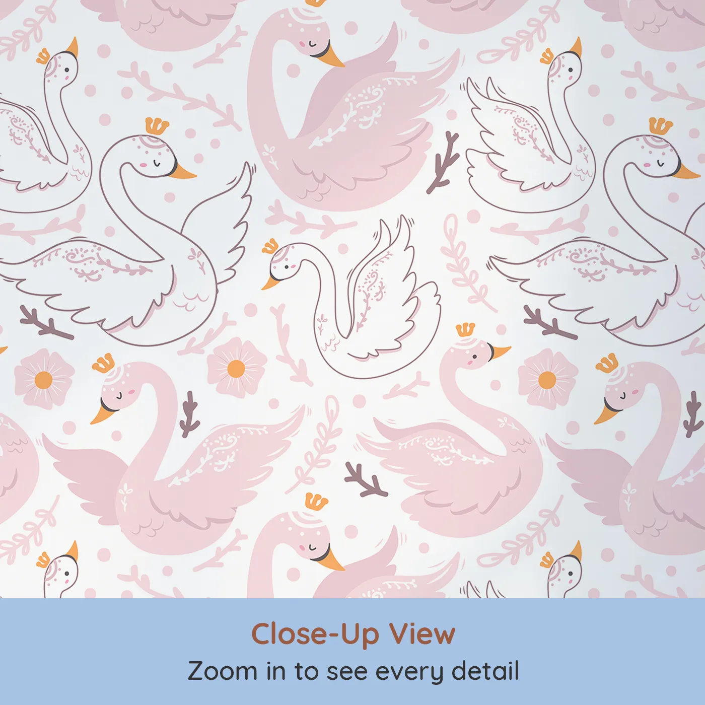 Close-up view of Whimsy Tots' Crowning Swan Ballet Wallpaper in Blush (W3088).Crowned swans and floating hearts dance across a rosy pink sky.