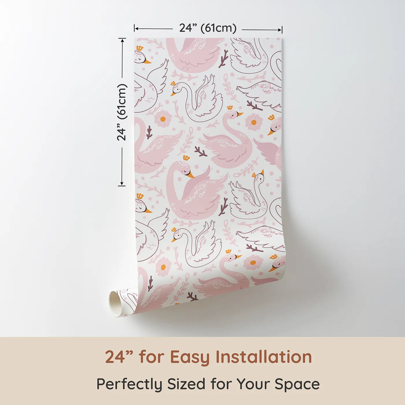 Dimension view of Whimsy Tots Crowning Swan Ballet Wallpaper in Blush (W3088). Printed in 24-inch-wide panel for easy installation. Crowned swans and floating hearts dance across a rosy pink sky.