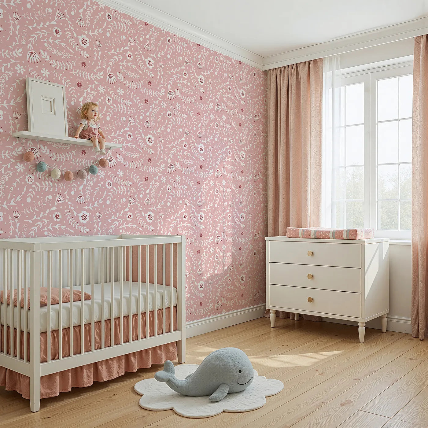 Angled view of Whimsy Tots' Spring Meadow Whispers Wallpaper in Blush Pink (W3089A).White blooms and soft vines twirl gently across a rosy pink field.