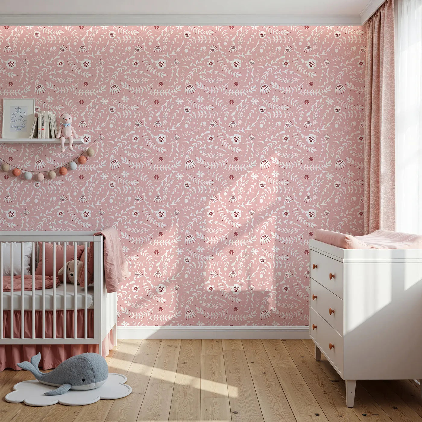 Front view of Whimsy Tots' Spring Meadow Whispers Wallpaper in Blush Pink