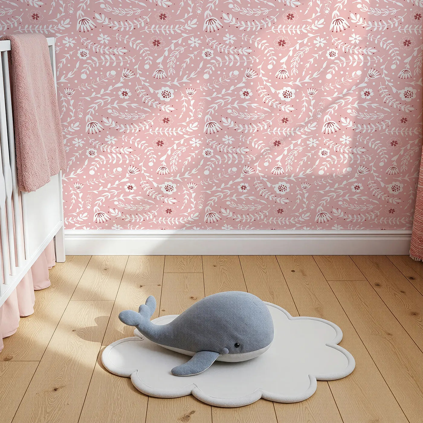 Top-Down view of Whimsy Tots' Spring Meadow Whispers Wallpaper in Blush Pink (W3089A).White blooms and soft vines twirl gently across a rosy pink field.