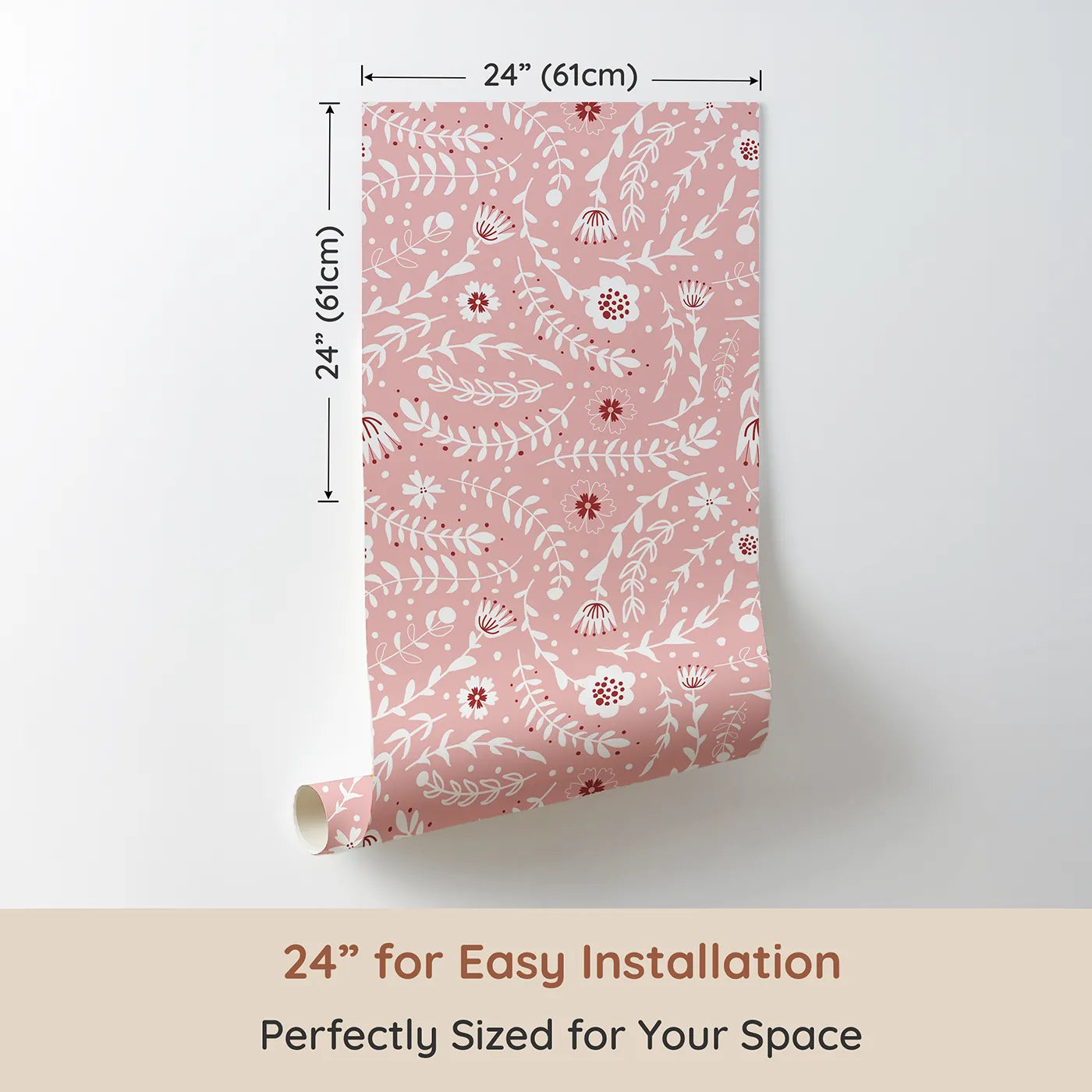 Dimension view of Whimsy Tots Spring Meadow Whispers Wallpaper in Blush Pink (W3089A). Printed in 24-inch-wide panel for easy installation. White blooms and soft vines twirl gently across a rosy pink field.
