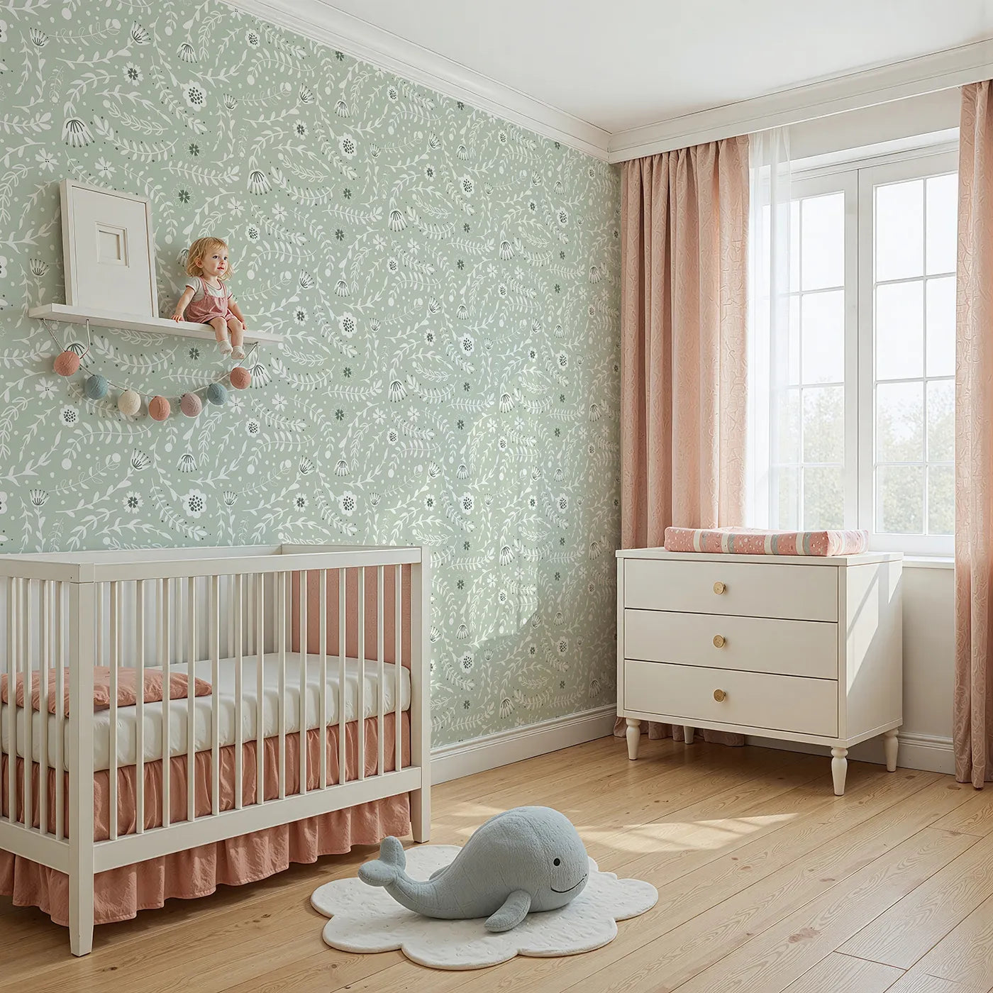 Angled view of Whimsy Tots' Spring Meadow Whispers Wallpaper in Sage Green (W3089B).Dainty flowers and curving leaves drift across a soft sage field.