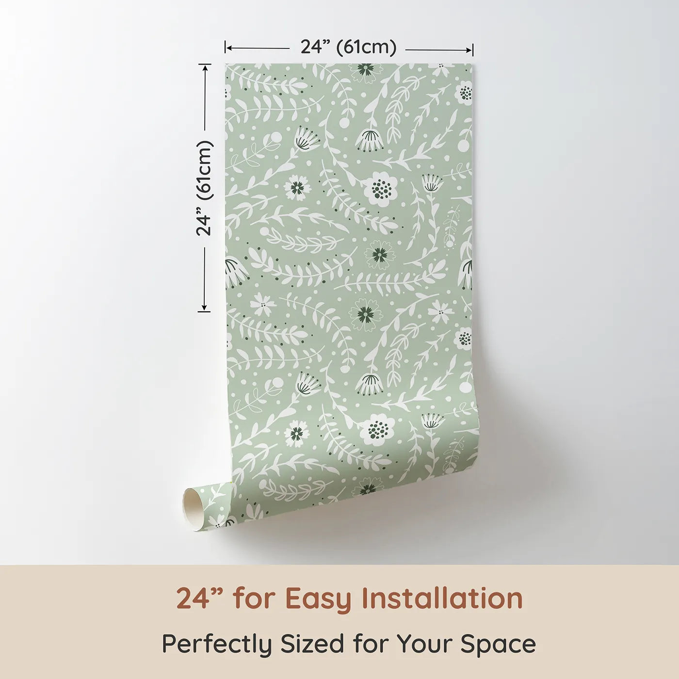 Dimension view of Whimsy Tots Spring Meadow Whispers Wallpaper in Sage Green (W3089B). Printed in 24-inch-wide panel for easy installation. Dainty flowers and curving leaves drift across a soft sage field.