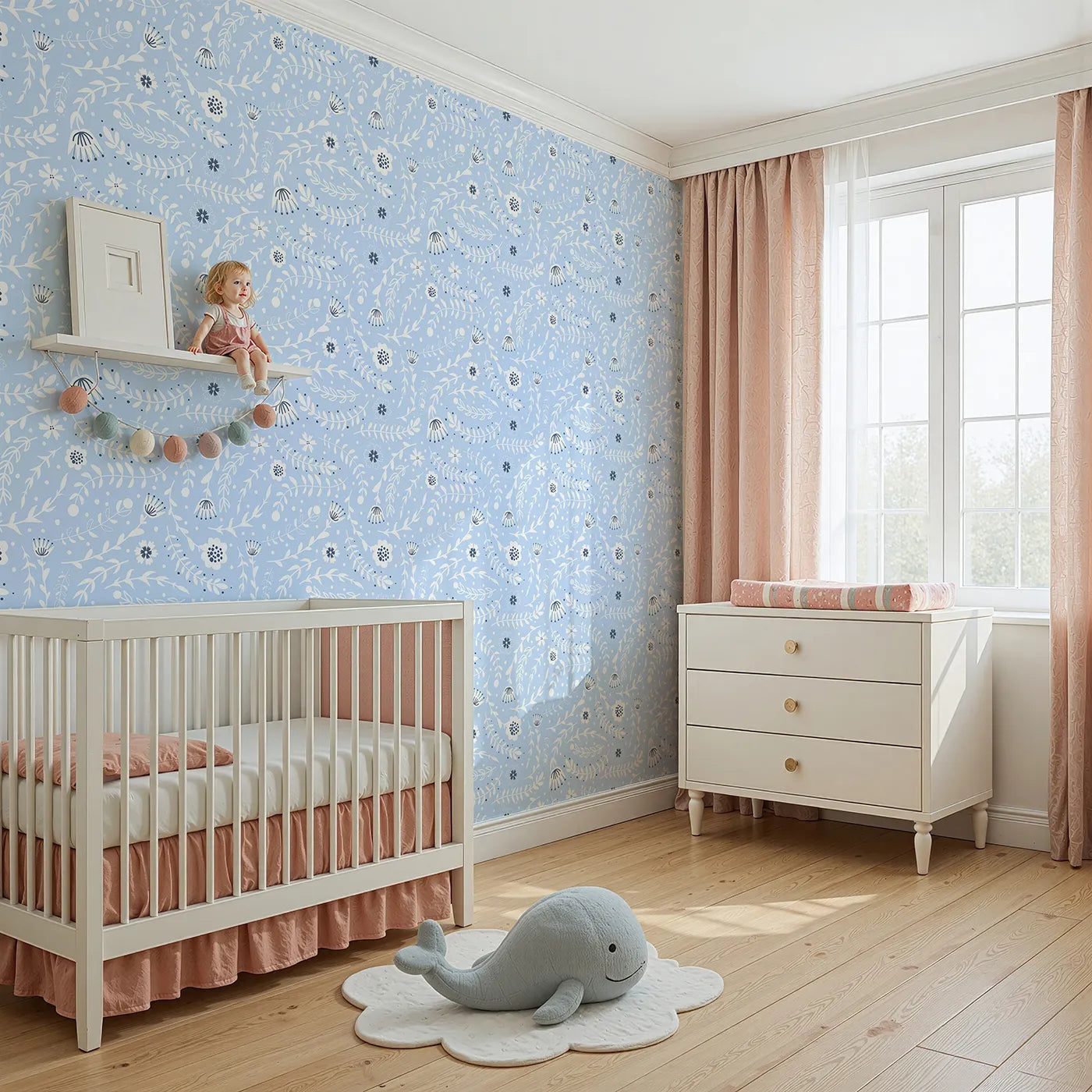 Angled view of Whimsy Tots' Spring Meadow Whispers Wallpaper in Sky Blue (W3089C).White florals float through a soft, sky-blue breeze.