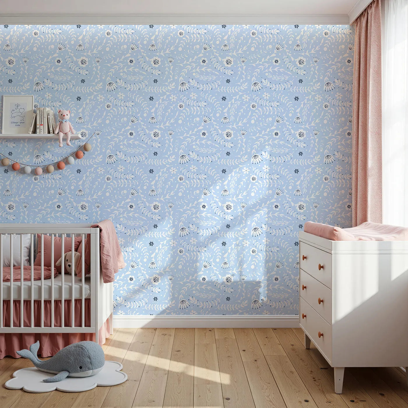 Front view of Whimsy Tots' Spring Meadow Whispers Wallpaper in Sky Blue
