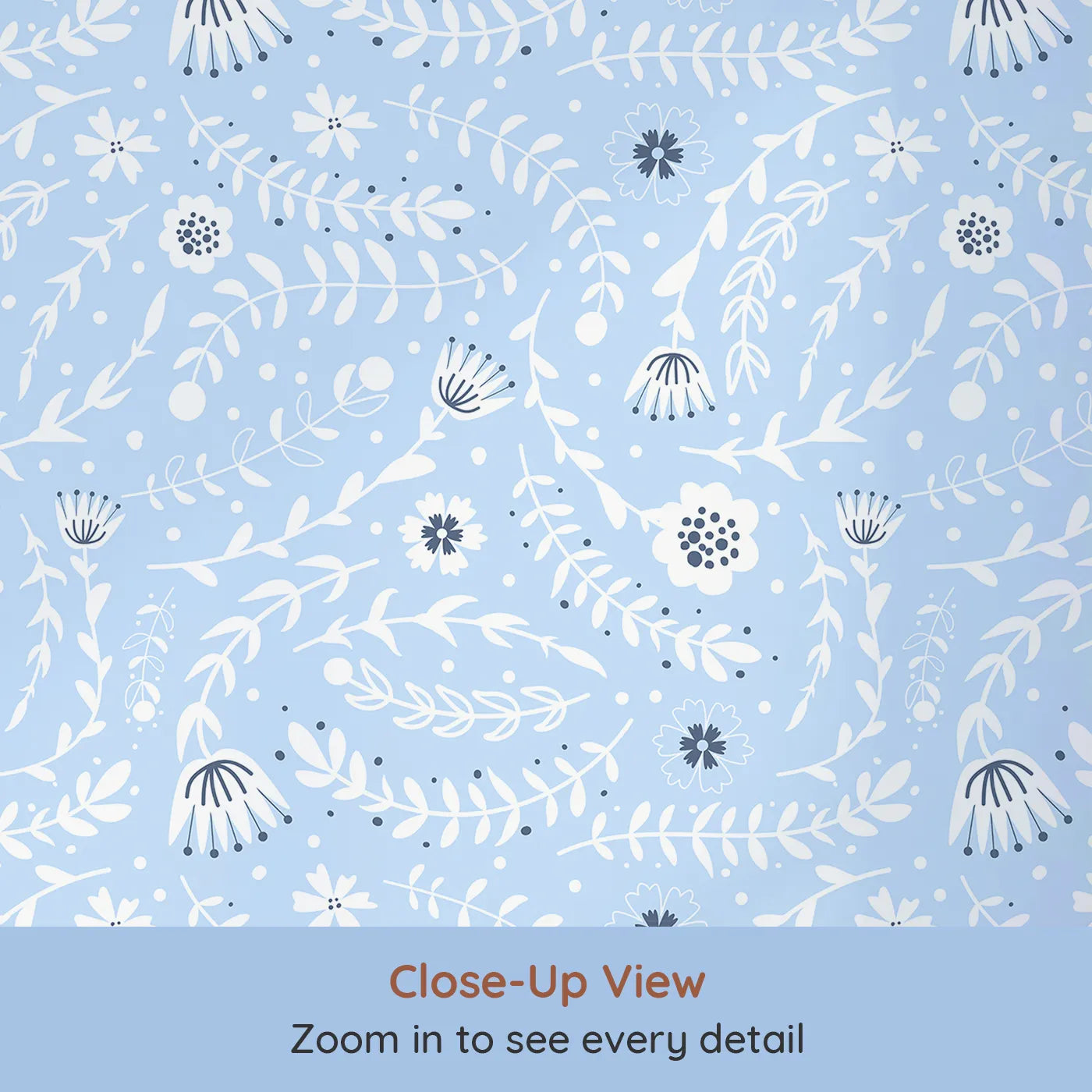 Close-up view of Whimsy Tots' Spring Meadow Whispers Wallpaper in Sky Blue (W3089C).White florals float through a soft, sky-blue breeze.