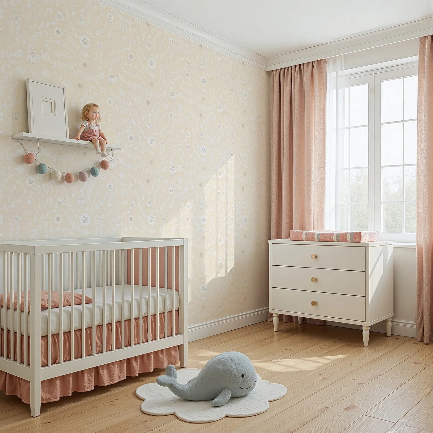 Angled view of Whimsy Tots' Spring Meadow Whispers Wallpaper in Peach Cream (W3089D).Gentle florals and floating leaves bathe in a warm peachy hue.