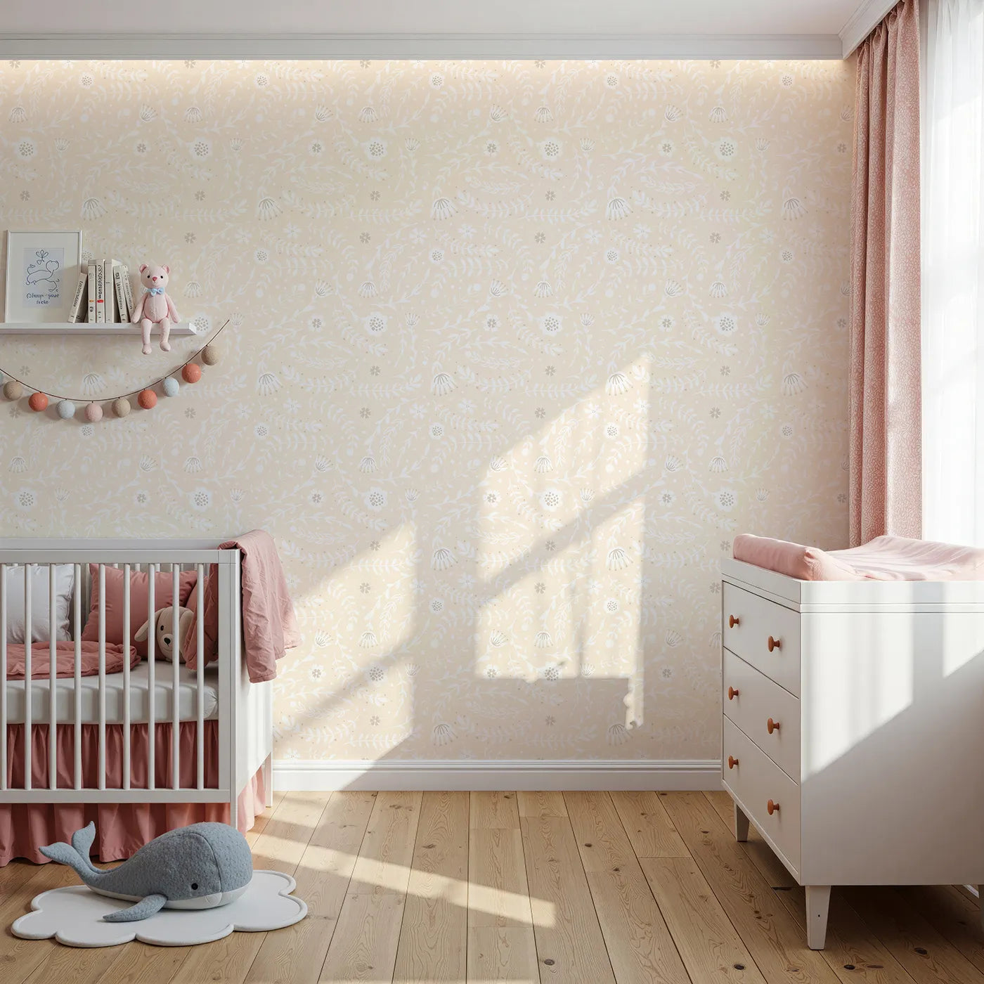 Front view of Whimsy Tots' Spring Meadow Whispers Wallpaper in Peach Cream