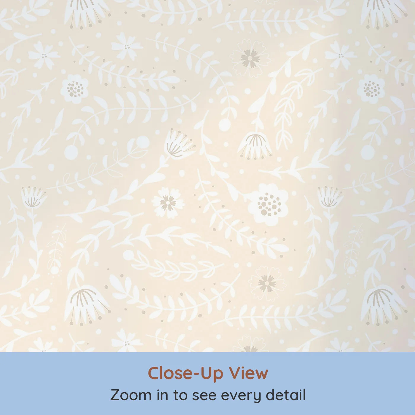 Close-up view of Whimsy Tots' Spring Meadow Whispers Wallpaper in Peach Cream (W3089D).Gentle florals and floating leaves bathe in a warm peachy hue.