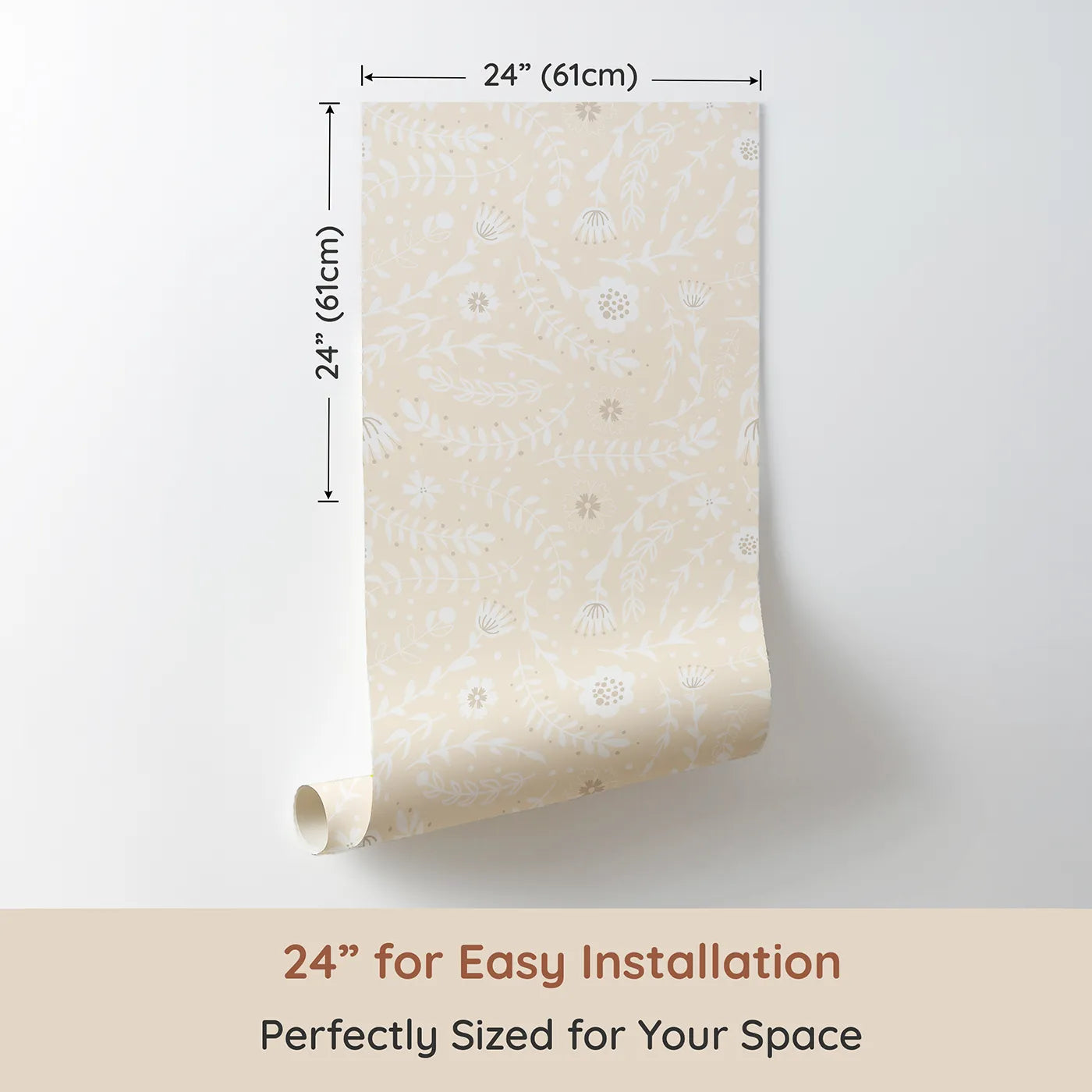 Dimension view of Whimsy Tots Spring Meadow Whispers Wallpaper in Peach Cream (W3089D). Printed in 24-inch-wide panel for easy installation. Gentle florals and floating leaves bathe in a warm peachy hue.