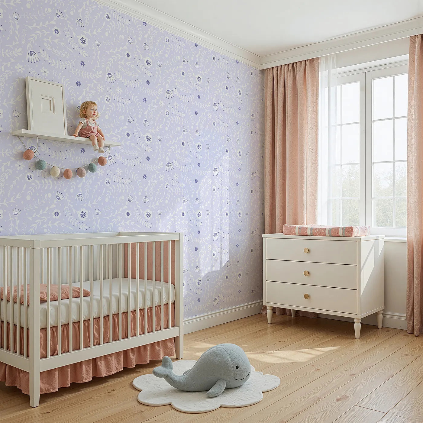 Angled view of Whimsy Tots' Spring Meadow Whispers Wallpaper in Lavender (W3089E).White florals and vines float softly across a lilac sky.
