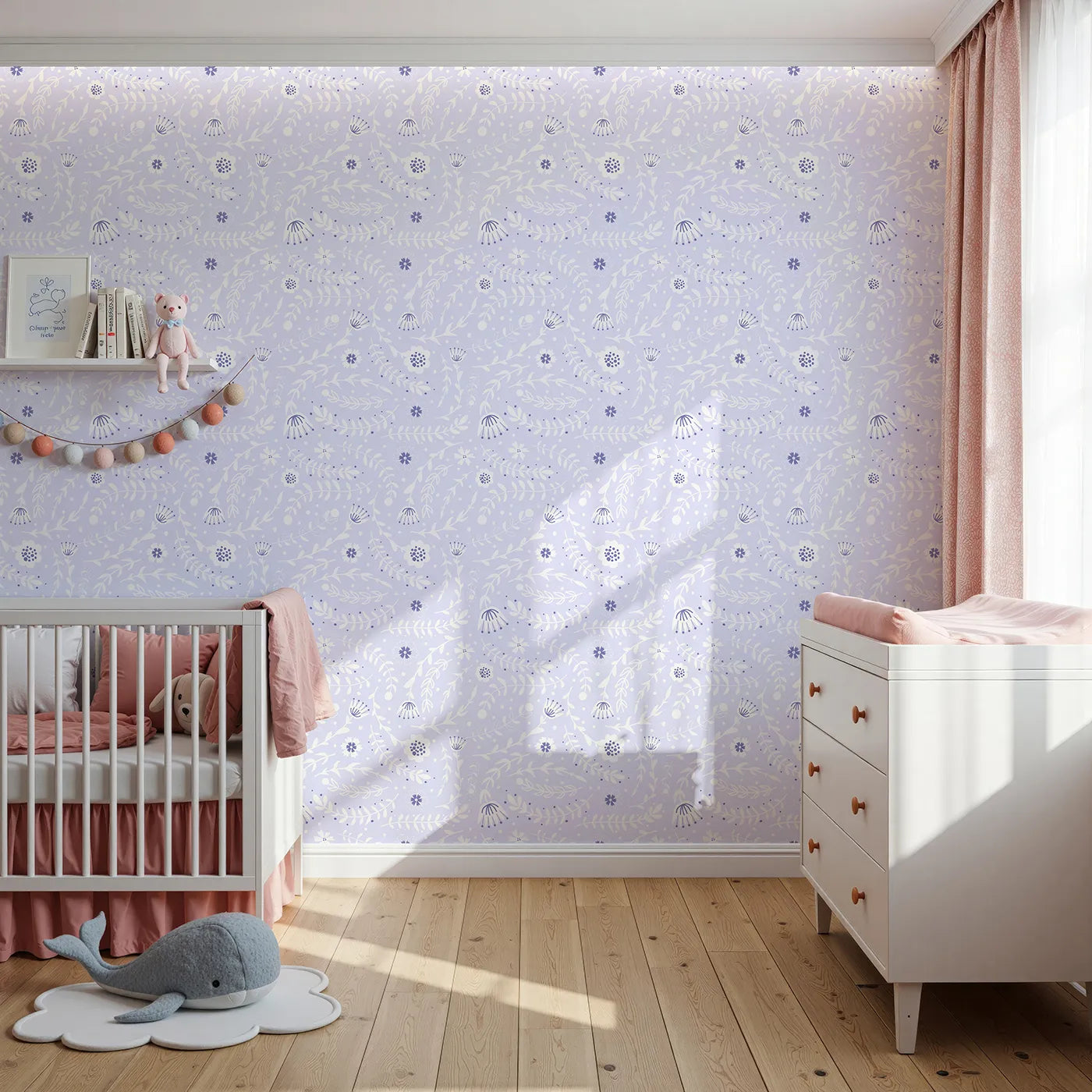 Front view of Whimsy Tots' Spring Meadow Whispers Wallpaper in Lavender