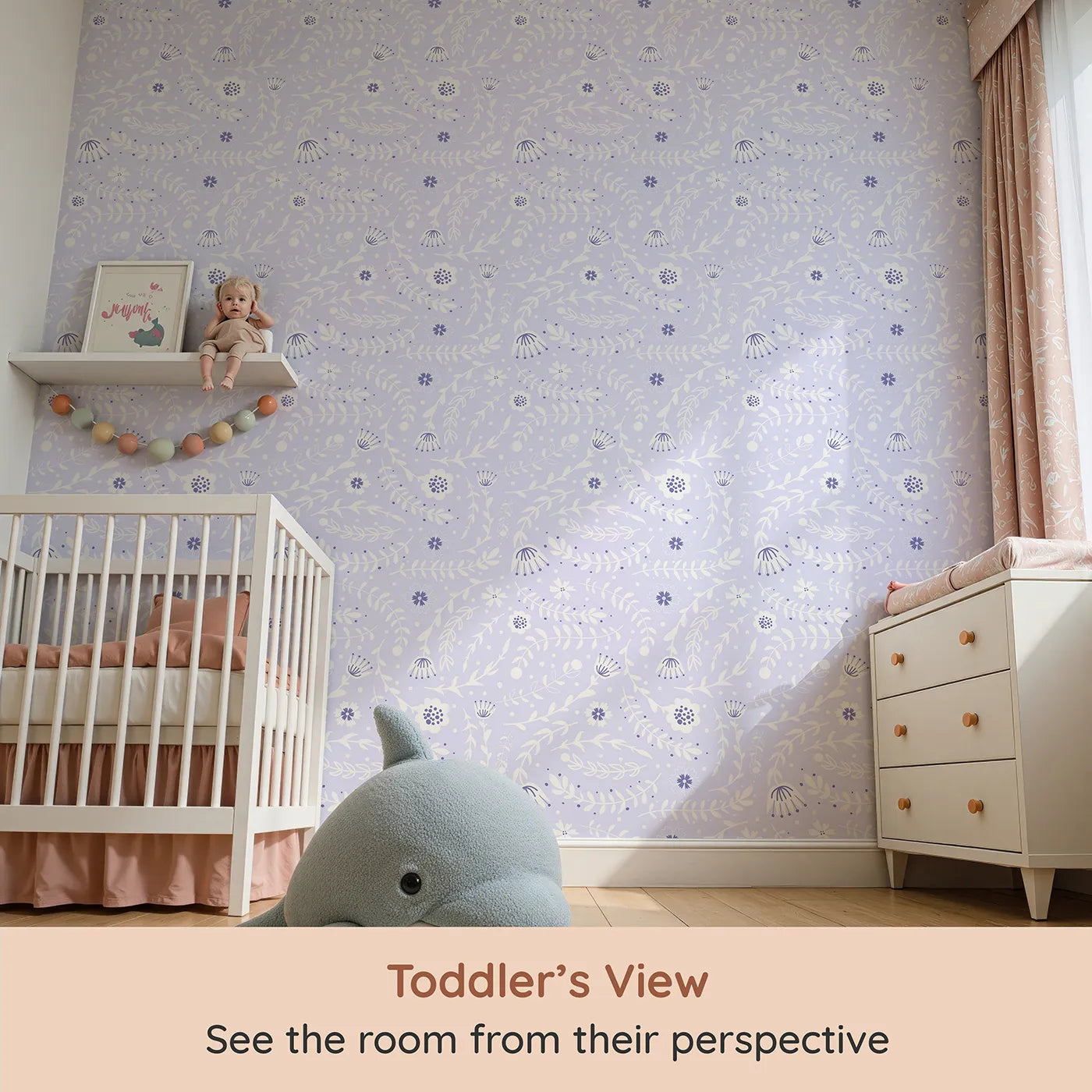Whimsy Tots Spring Meadow Whispers Wallpaper in Lavender (W3089E) from your child's view.White florals and vines float softly across a lilac sky.