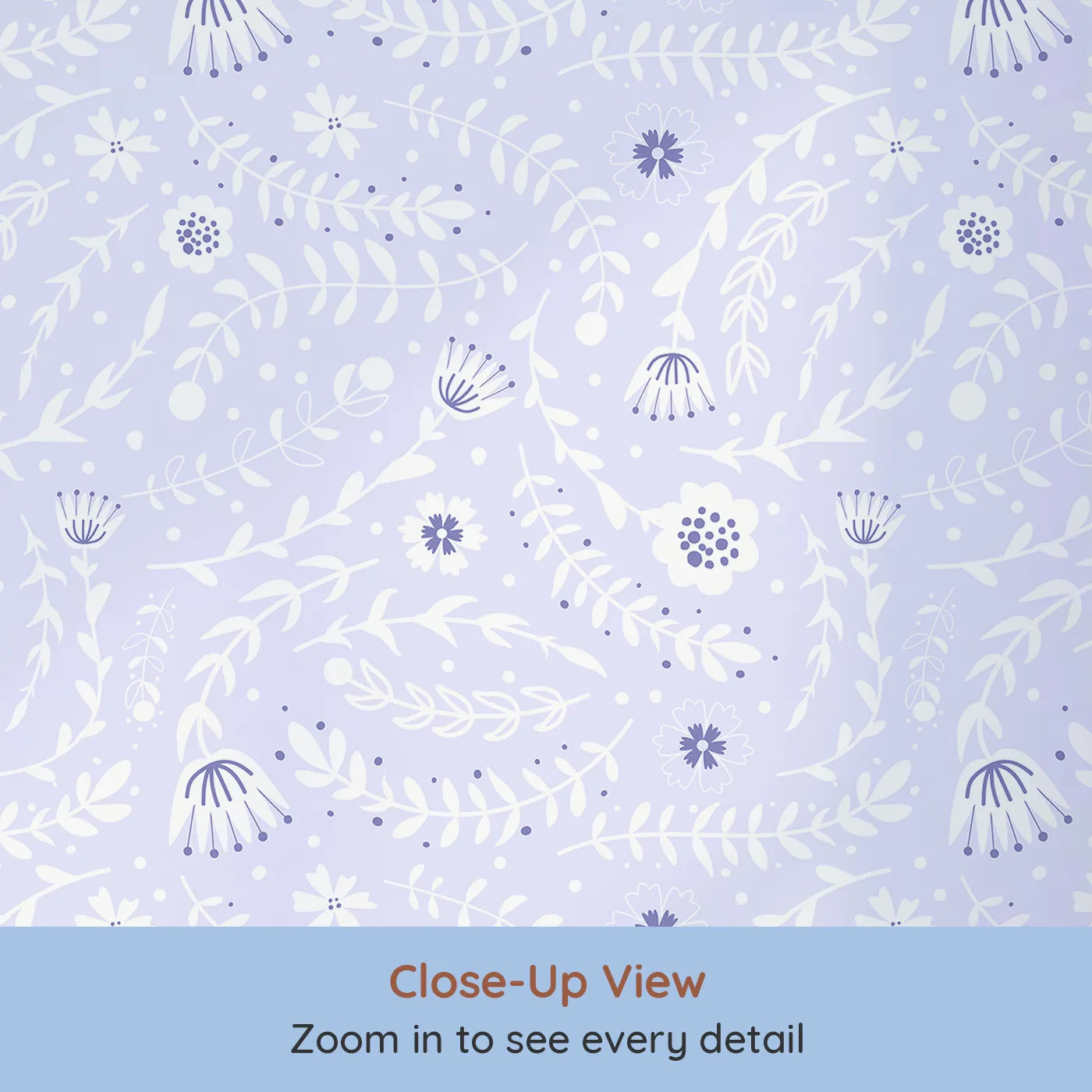 Close-up view of Whimsy Tots' Spring Meadow Whispers Wallpaper in Lavender (W3089E).White florals and vines float softly across a lilac sky.