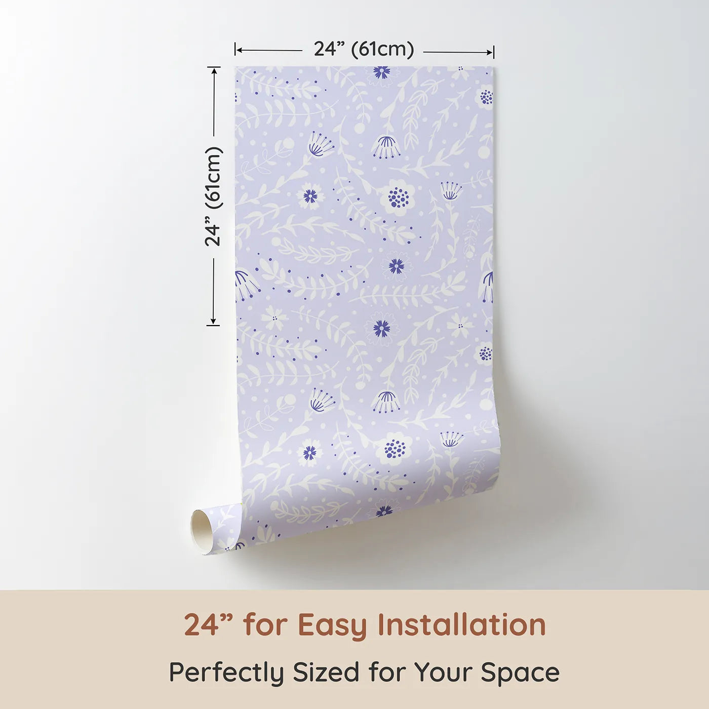 Dimension view of Whimsy Tots Spring Meadow Whispers Wallpaper in Lavender (W3089E). Printed in 24-inch-wide panel for easy installation. White florals and vines float softly across a lilac sky.