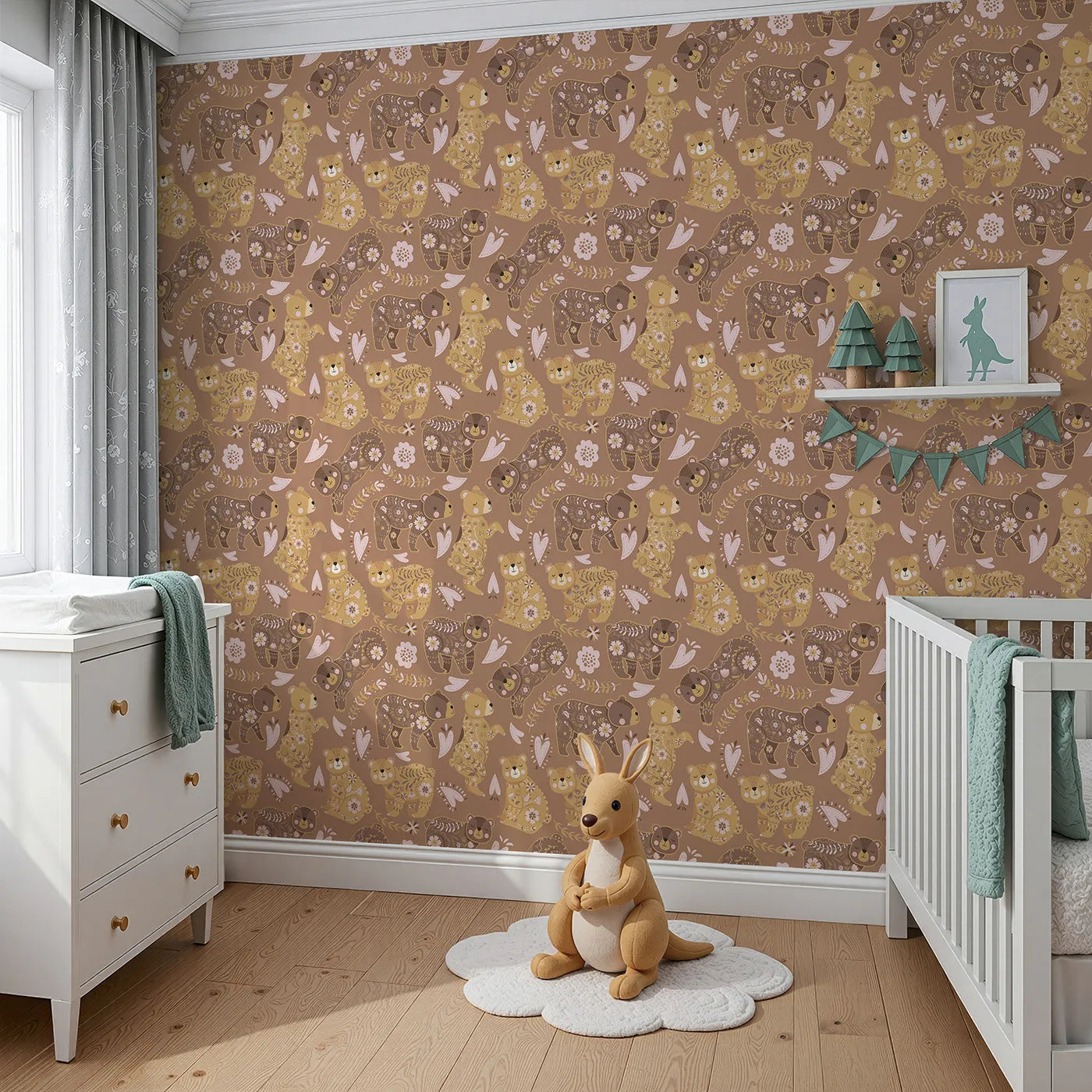 Angled view of Whimsy Tots' Floral Snuggle Bears Wallpaper in Mocha Brown (W3090A).Playful bears with floral fur nap and smile across a warm brown forest.