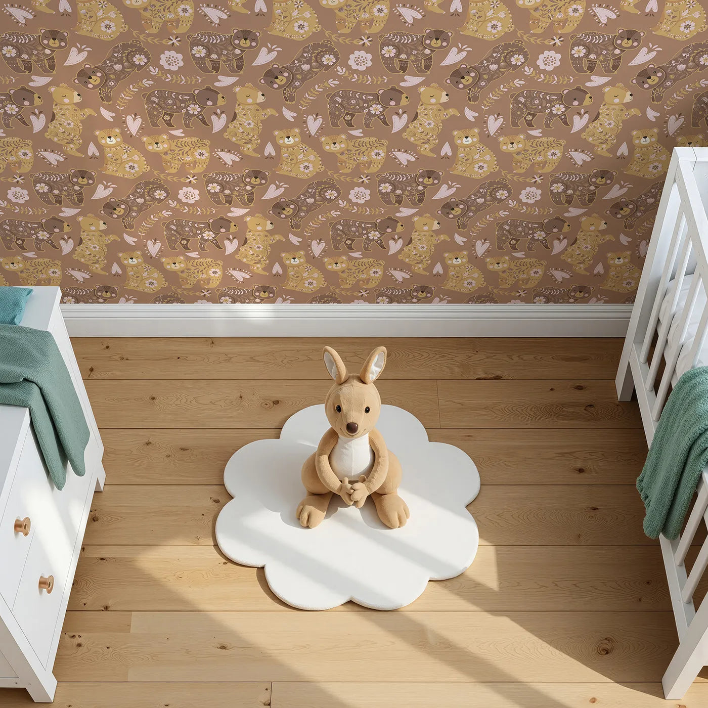 Top-Down view of Whimsy Tots' Floral Snuggle Bears Wallpaper in Mocha Brown (W3090A).Playful bears with floral fur nap and smile across a warm brown forest.