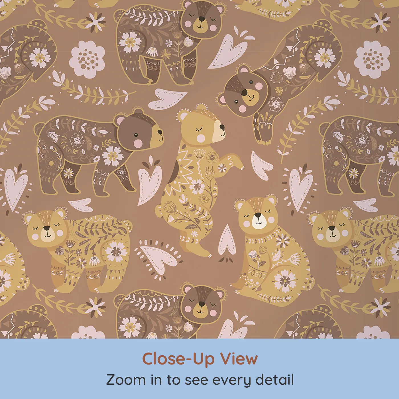 Close-up view of Whimsy Tots' Floral Snuggle Bears Wallpaper in Mocha Brown (W3090A).Playful bears with floral fur nap and smile across a warm brown forest.